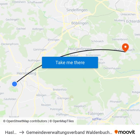 Haslach to Gemeindeverwaltungsverband Waldenbuch / Steinenbronn map