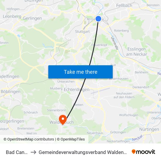 Bad Cannstatt to Gemeindeverwaltungsverband Waldenbuch / Steinenbronn map