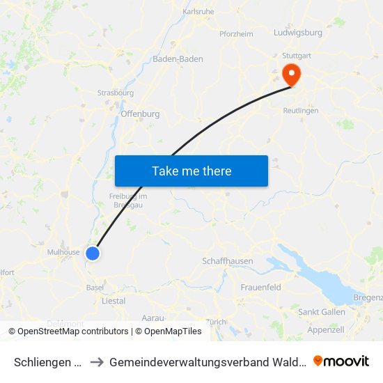 Schliengen (Kernort) to Gemeindeverwaltungsverband Waldenbuch / Steinenbronn map