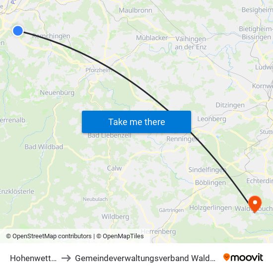 Hohenwettersbach to Gemeindeverwaltungsverband Waldenbuch / Steinenbronn map