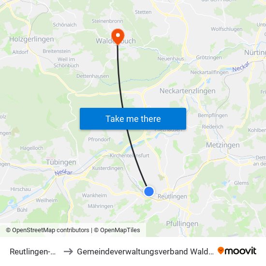 Reutlingen-Betzingen to Gemeindeverwaltungsverband Waldenbuch / Steinenbronn map