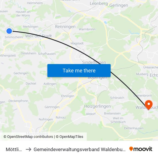 Möttlingen to Gemeindeverwaltungsverband Waldenbuch / Steinenbronn map