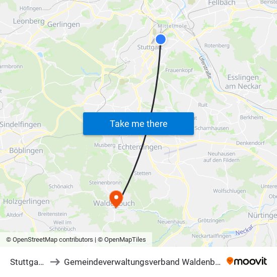 Stuttgart-Ost to Gemeindeverwaltungsverband Waldenbuch / Steinenbronn map