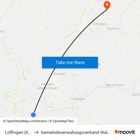 Löffingen (Kernstadt) to Gemeindeverwaltungsverband Waldenbuch / Steinenbronn map