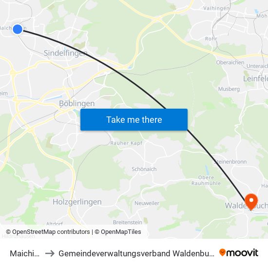 Maichingen to Gemeindeverwaltungsverband Waldenbuch / Steinenbronn map