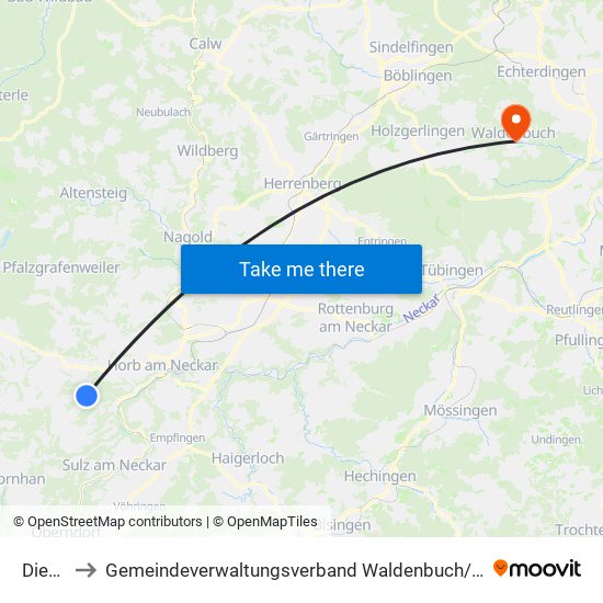 Dießen to Gemeindeverwaltungsverband Waldenbuch / Steinenbronn map