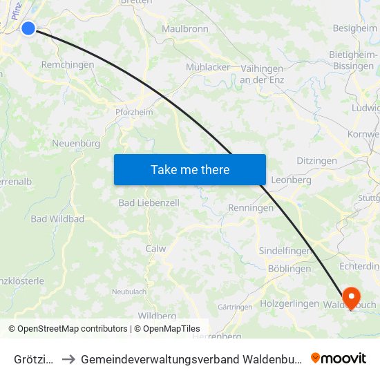 Grötzingen to Gemeindeverwaltungsverband Waldenbuch / Steinenbronn map