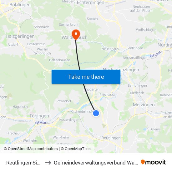 Reutlingen-Sickenhausen to Gemeindeverwaltungsverband Waldenbuch / Steinenbronn map