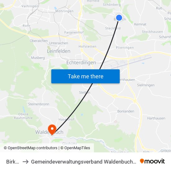 Birkach to Gemeindeverwaltungsverband Waldenbuch / Steinenbronn map