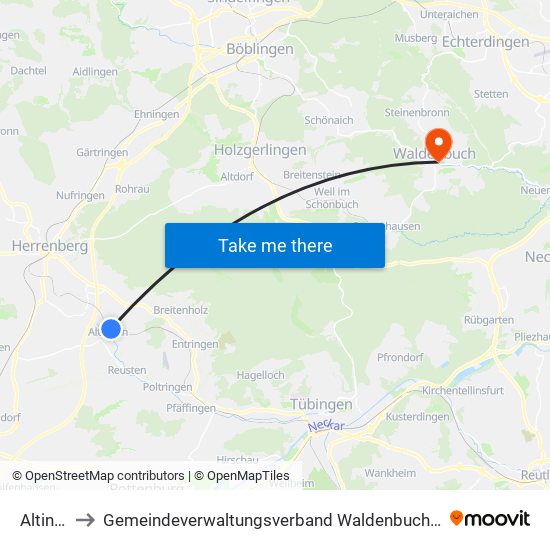 Altingen to Gemeindeverwaltungsverband Waldenbuch / Steinenbronn map