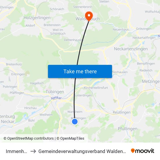 Immenhausen to Gemeindeverwaltungsverband Waldenbuch / Steinenbronn map