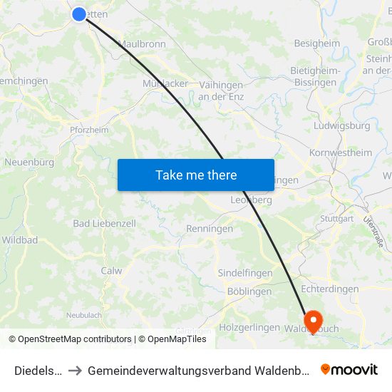 Diedelsheim to Gemeindeverwaltungsverband Waldenbuch / Steinenbronn map
