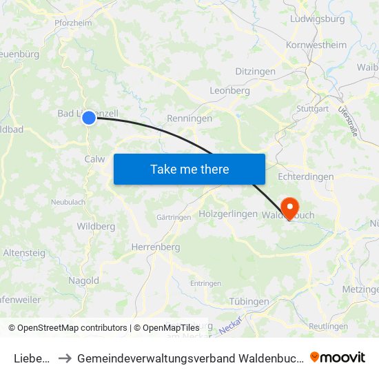 Liebenzell to Gemeindeverwaltungsverband Waldenbuch / Steinenbronn map