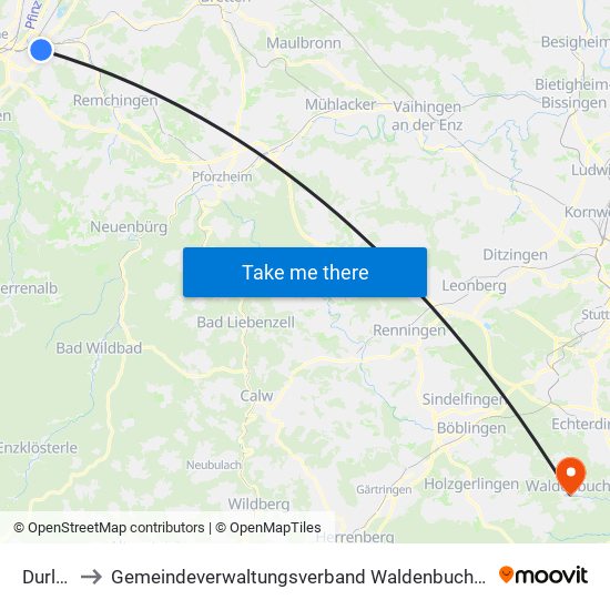 Durlach to Gemeindeverwaltungsverband Waldenbuch / Steinenbronn map