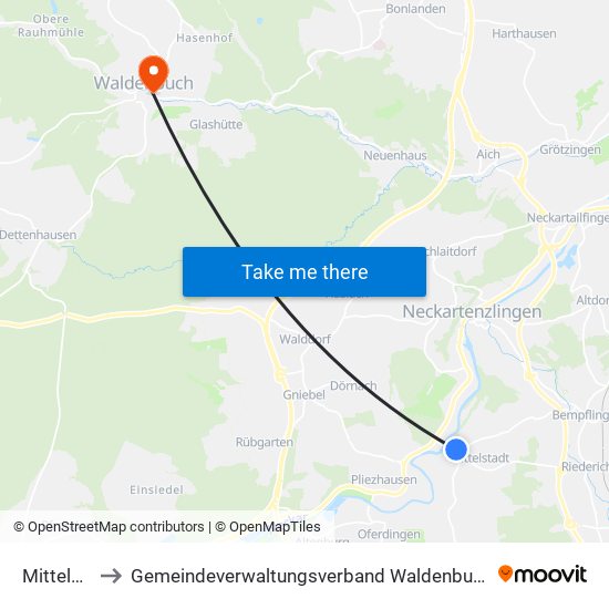 Mittelstadt to Gemeindeverwaltungsverband Waldenbuch / Steinenbronn map