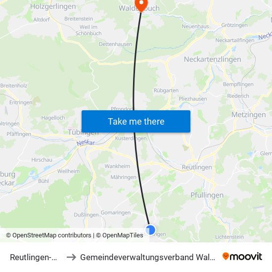 Reutlingen-Gönningen to Gemeindeverwaltungsverband Waldenbuch / Steinenbronn map