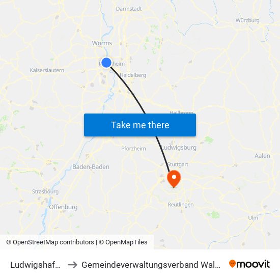Ludwigshafen-Oppau to Gemeindeverwaltungsverband Waldenbuch / Steinenbronn map