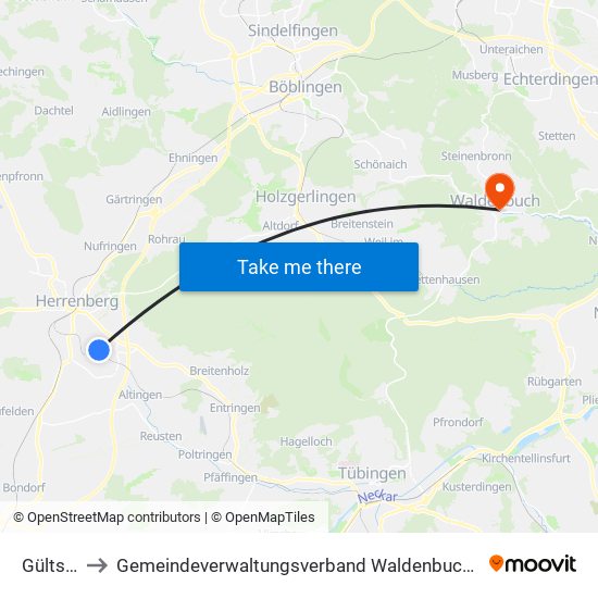 Gültstein to Gemeindeverwaltungsverband Waldenbuch / Steinenbronn map