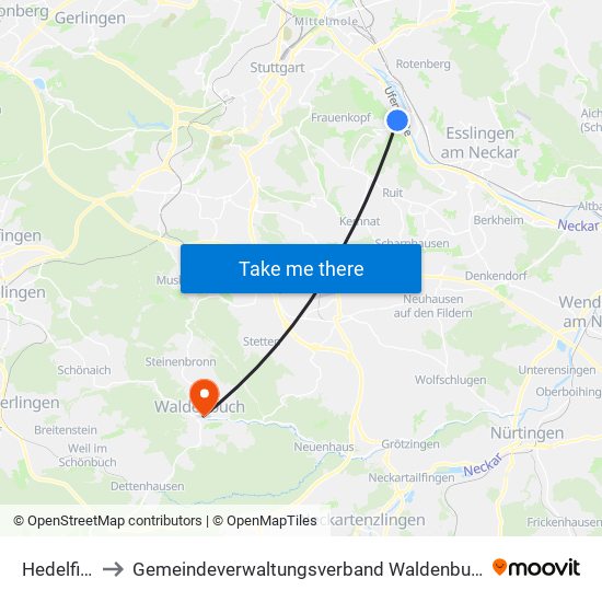 Hedelfingen to Gemeindeverwaltungsverband Waldenbuch / Steinenbronn map