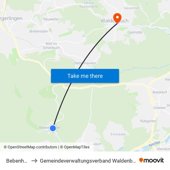 Bebenhausen to Gemeindeverwaltungsverband Waldenbuch / Steinenbronn map