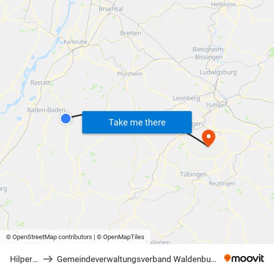 Hilpertsau to Gemeindeverwaltungsverband Waldenbuch / Steinenbronn map