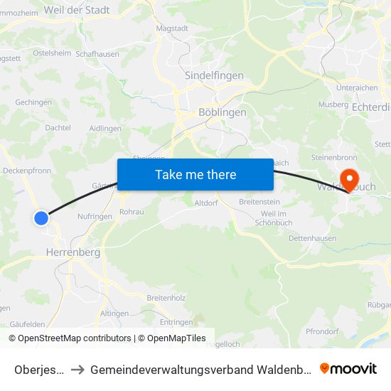 Oberjesingen to Gemeindeverwaltungsverband Waldenbuch / Steinenbronn map