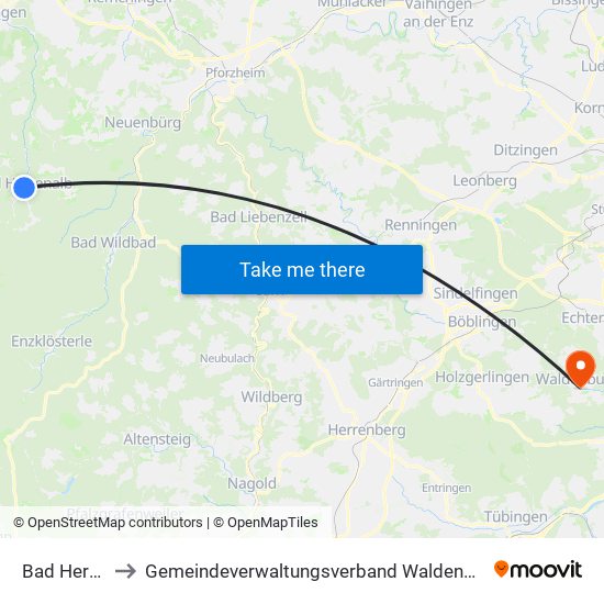 Bad Herrenalb to Gemeindeverwaltungsverband Waldenbuch / Steinenbronn map