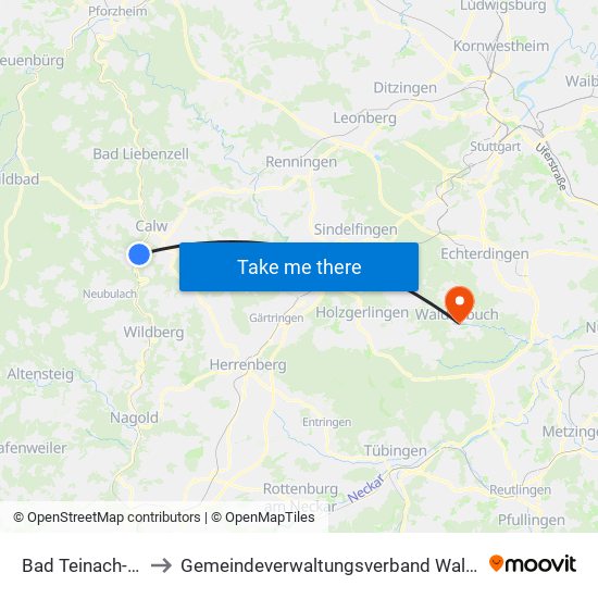 Bad Teinach-Zavelstein to Gemeindeverwaltungsverband Waldenbuch / Steinenbronn map