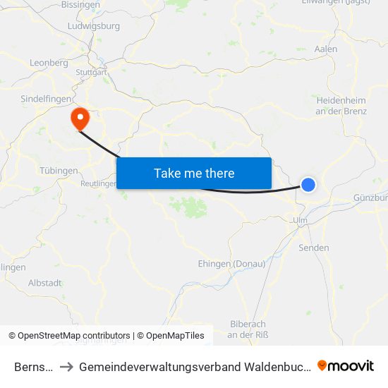 Bernstadt to Gemeindeverwaltungsverband Waldenbuch / Steinenbronn map