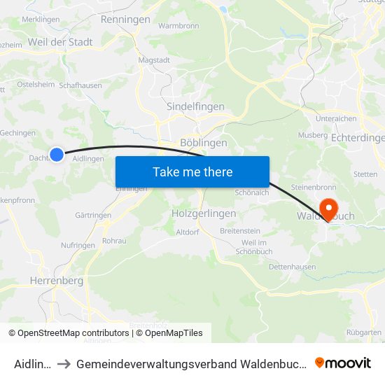 Aidlingen to Gemeindeverwaltungsverband Waldenbuch / Steinenbronn map