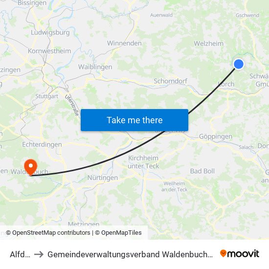 Alfdorf to Gemeindeverwaltungsverband Waldenbuch / Steinenbronn map