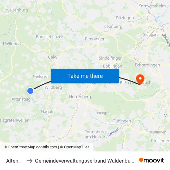 Altensteig to Gemeindeverwaltungsverband Waldenbuch / Steinenbronn map