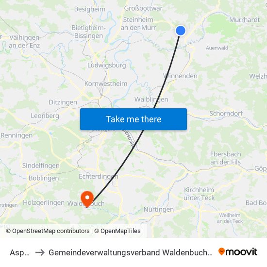 Aspach to Gemeindeverwaltungsverband Waldenbuch / Steinenbronn map