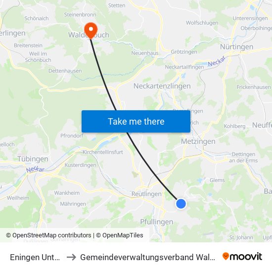 Eningen Unter Achalm to Gemeindeverwaltungsverband Waldenbuch / Steinenbronn map