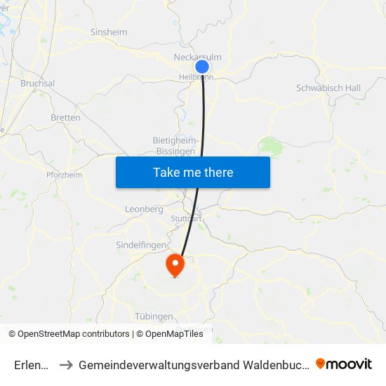Erlenbach to Gemeindeverwaltungsverband Waldenbuch / Steinenbronn map