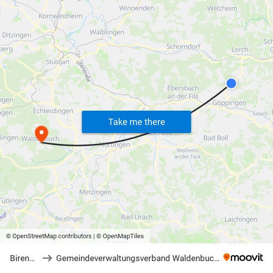 Birenbach to Gemeindeverwaltungsverband Waldenbuch / Steinenbronn map