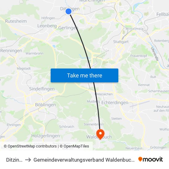 Ditzingen to Gemeindeverwaltungsverband Waldenbuch / Steinenbronn map