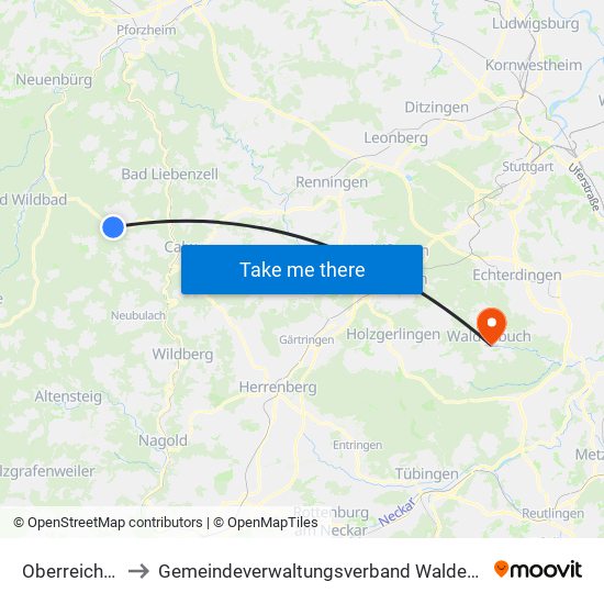 Oberreichenbach to Gemeindeverwaltungsverband Waldenbuch / Steinenbronn map