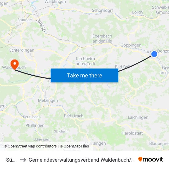 Süßen to Gemeindeverwaltungsverband Waldenbuch / Steinenbronn map