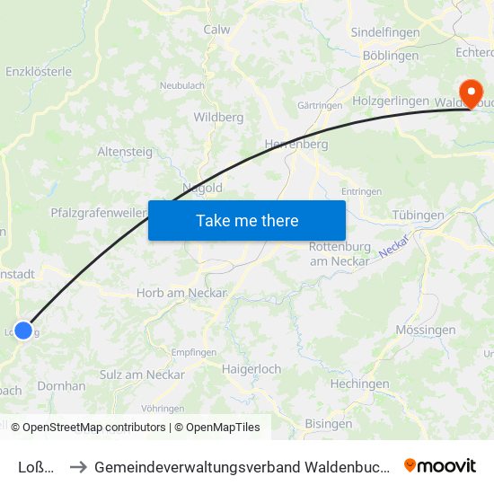 Loßburg to Gemeindeverwaltungsverband Waldenbuch / Steinenbronn map