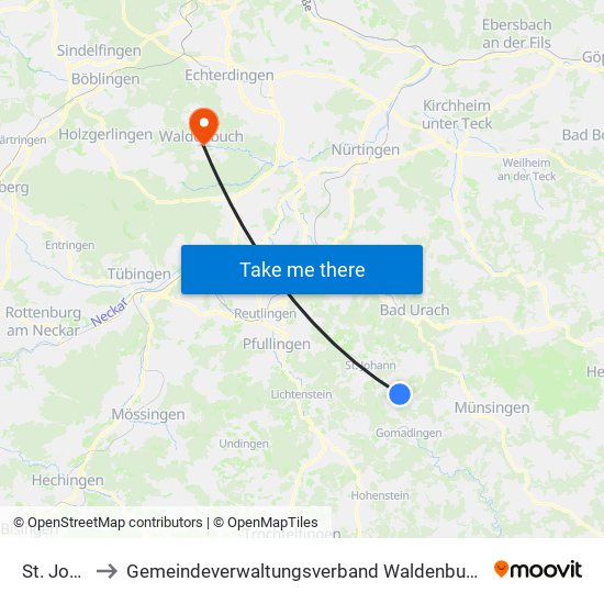 St. Johann to Gemeindeverwaltungsverband Waldenbuch / Steinenbronn map