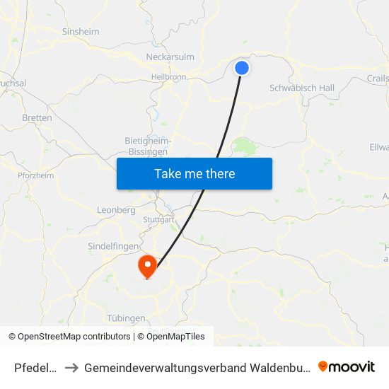 Pfedelbach to Gemeindeverwaltungsverband Waldenbuch / Steinenbronn map