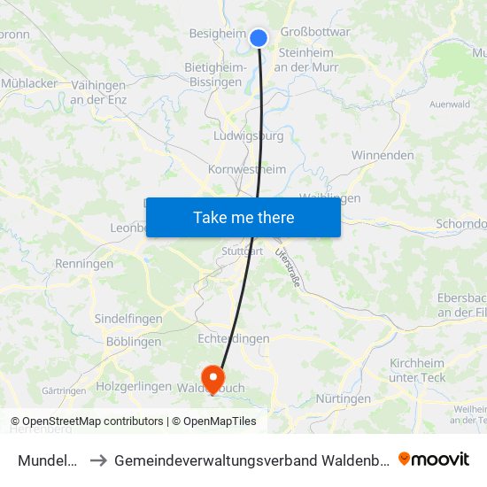Mundelsheim to Gemeindeverwaltungsverband Waldenbuch / Steinenbronn map