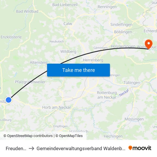 Freudenstadt to Gemeindeverwaltungsverband Waldenbuch / Steinenbronn map