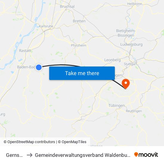 Gernsbach to Gemeindeverwaltungsverband Waldenbuch / Steinenbronn map