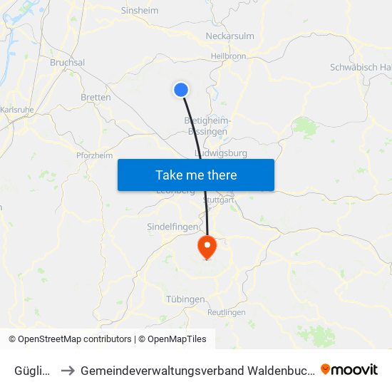 Güglingen to Gemeindeverwaltungsverband Waldenbuch / Steinenbronn map