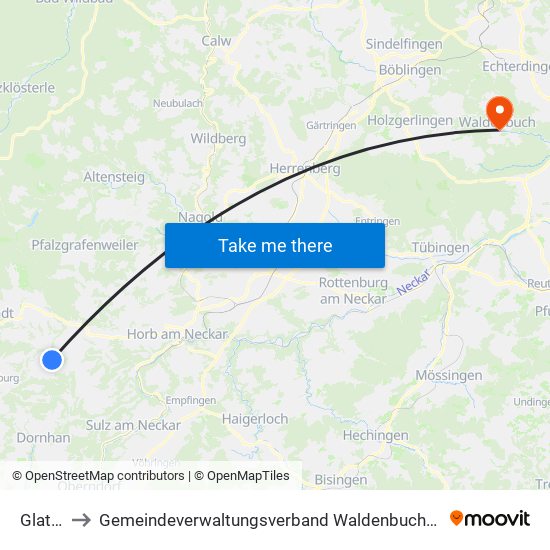 Glatten to Gemeindeverwaltungsverband Waldenbuch / Steinenbronn map