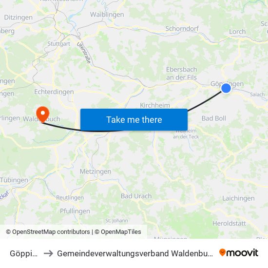 Göppingen to Gemeindeverwaltungsverband Waldenbuch / Steinenbronn map