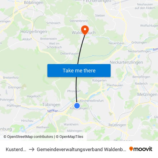 Kusterdingen to Gemeindeverwaltungsverband Waldenbuch / Steinenbronn map
