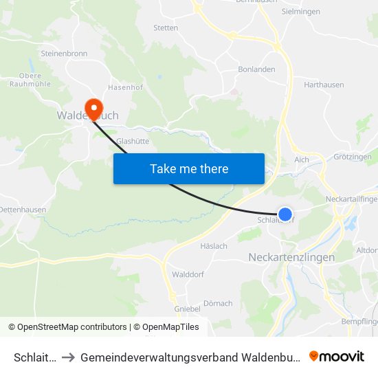 Schlaitdorf to Gemeindeverwaltungsverband Waldenbuch / Steinenbronn map